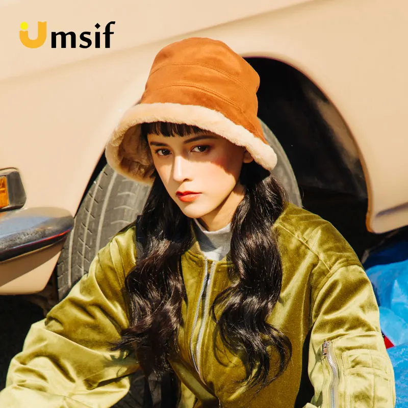 

2018 New Winter Warm Women's Thick Wool Solid Color Bucket Hats Female Warm Wide Brim Fedoras Panama Hat For Women Fisherman Cap