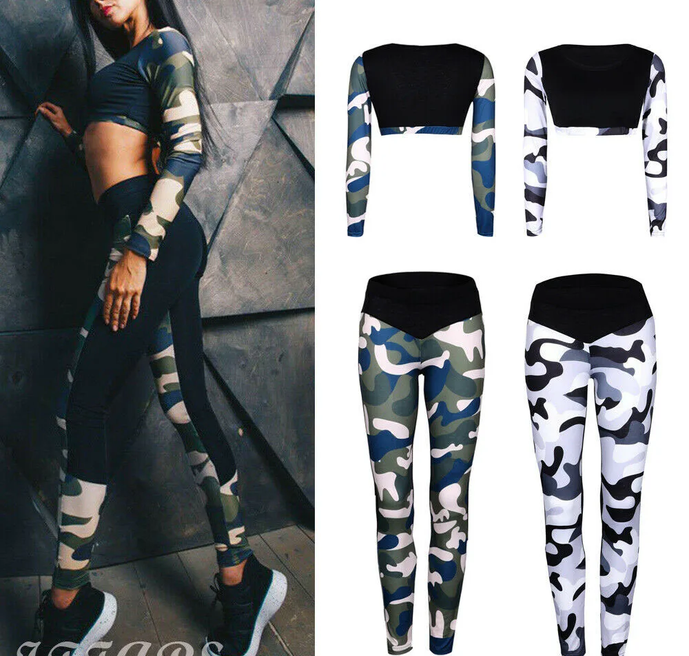 

Women Yoga Fitness Camouflage Leggings Set Gym Workout Sports Wear 2Pcs Outfit Elastic Yoga Tops Pants