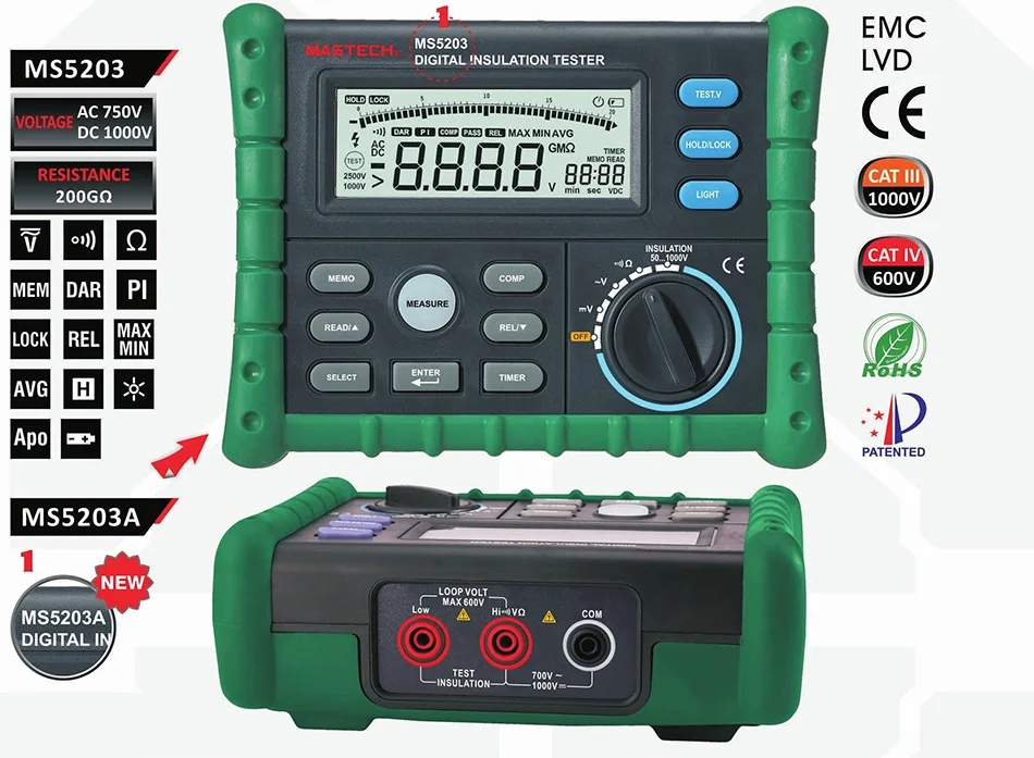 

MASTECH MS5203 High Precision Megger Digital Insulation Resistance Meter Tester Multimeter 10G 1000V Medidor De Aterramento