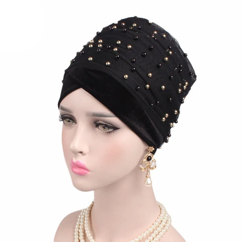 New Tie Headscarf Ladies Turbante Women Luxury Solid Gold Beaded Mesh