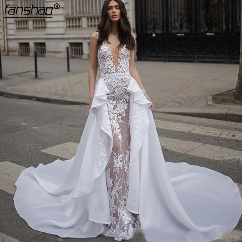 

2019 Muslim Wedding Dresses Tulle Applique Mermaid Detachable Illusion Vestido De Noiva Boho Dubai Arabic Wedding Gown Bridal