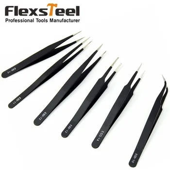 

Flexsteel 6pcs/set ESD Tweezers Non-magnetic Forceps Anti-static Fine Curved Tip Black Maintenance Tools for Electronics Jewelry