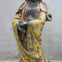 Bi003539 3" Огромный Тибет Перегородчатые бронза Желтый халат Гуань инь будда Лотоса Красная Голова