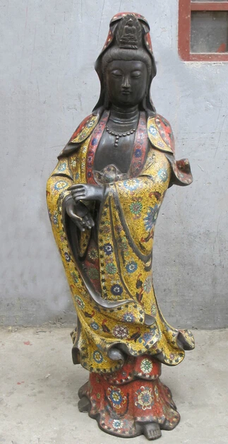 

bi003539 35"Huge Tibet Cloisonne red bronze Yellow robe buddha Lotus Red Head Kwan yin