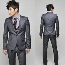 Куртка+ брюки+ жилет+ галстук) 3 шт. серый лацкан с тупым углом на одной пуговице, выполненный на заказ мужские костюмы зауженный крой, для вечеринки выпускного вечера wedingterno Masculino