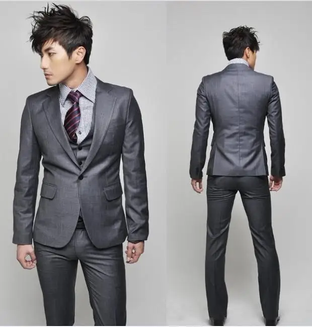 (Пиджак + брюки + жилет + галстук) комплект из 3 предметов серый Нотч одна кнопка таможенные сделал Для мужчин костюмы Slim Fit Выходные туфли на