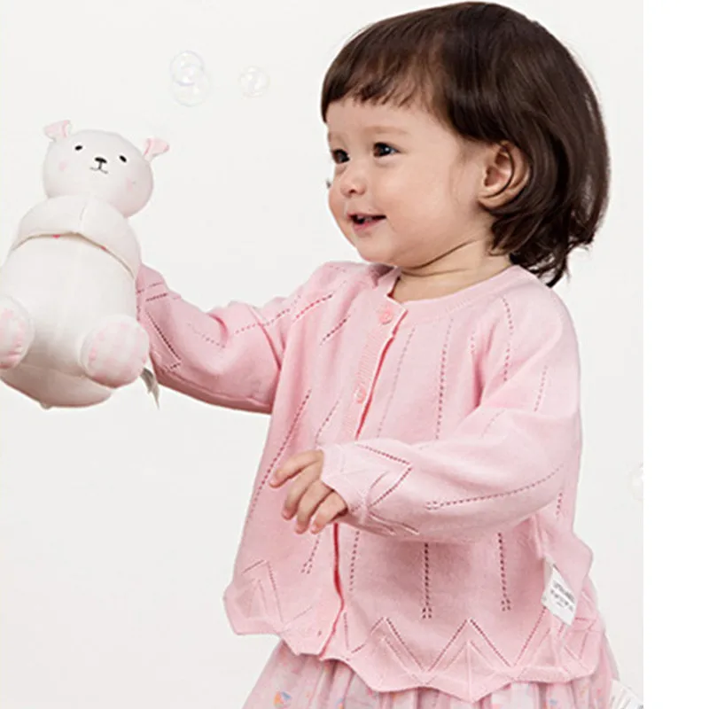 Lotus Leaf Baby Girl Sweater Sweet Princess Hollow Out Round Collar Long Sleeve Cardigan Pullover Outfit Solid Color Button Closure Coat Cotton Blended (7)
