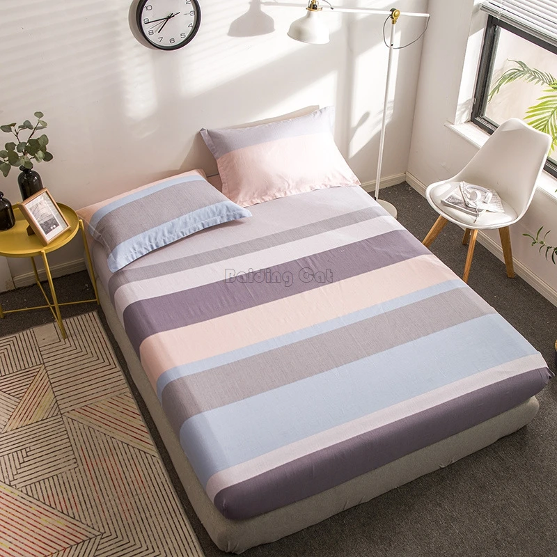 

Modern Gray Stripes Bed Sheet 100% Cotton Bedding Set Fitted Sheet Mattress Cover Protector 120*200cm,150*200cm,180*200cm Size