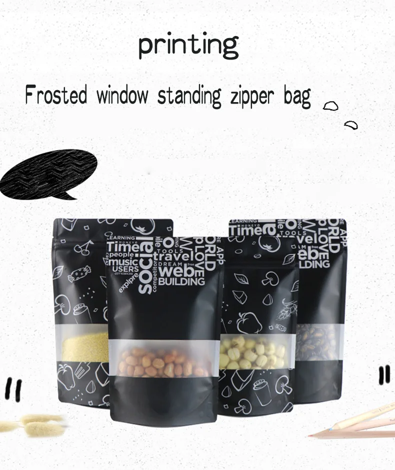 1 zipper,black,printing,Frosted window,Standing,Self-styled,Aluminum foil bag,food,powder,Dried meat,dried fruit,Snack,Milk tea,candy,nut,coffee,cereals,Granule,powder,ziplock (1)