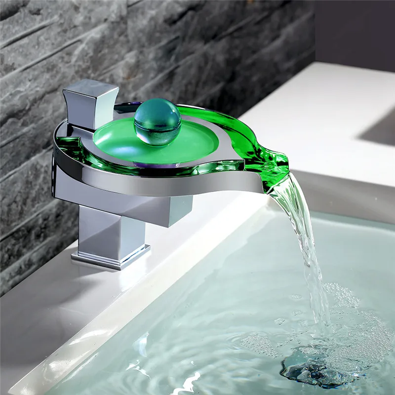 Led Bathroom Faucet Brass Chromed Waterfall Bathroom Basin Faucets 3Colors Change Led Tap Water Power Basin Mixer Led Faucet