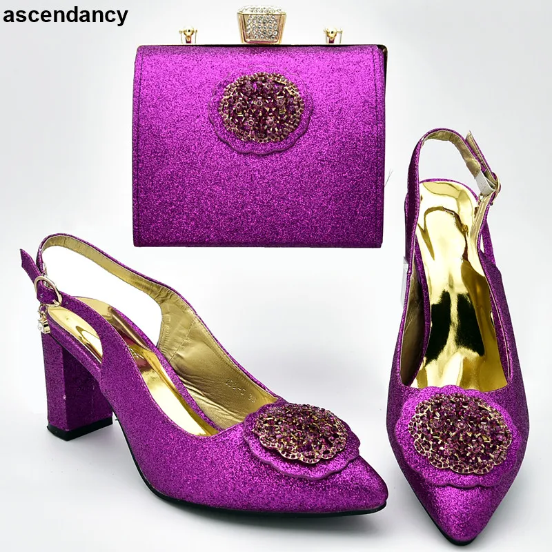 

New Arrival Purple Color African Matching Shoes and Bags Italian In Women Party Shoes and Bag Sets African Shoes and Bag Sets