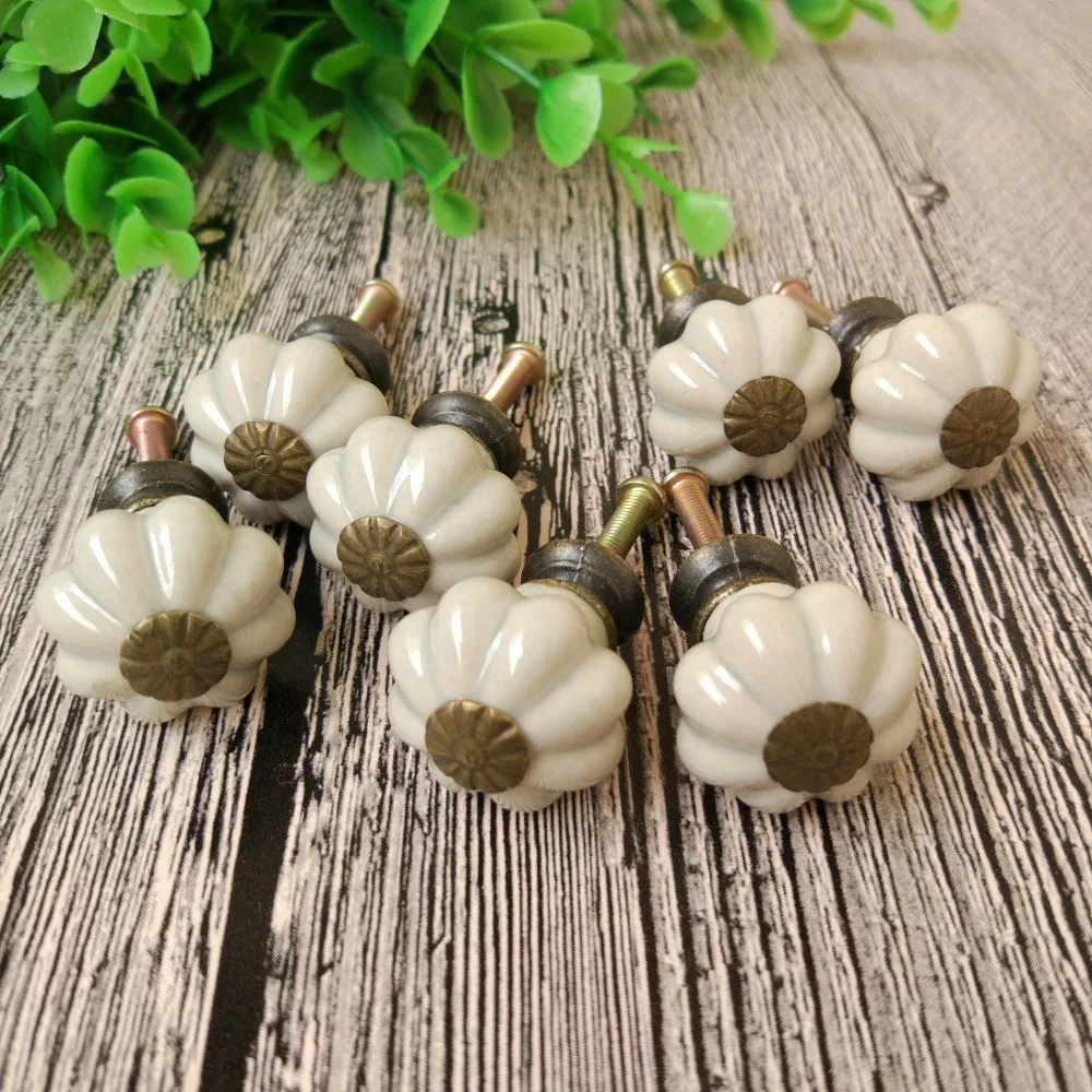 Set of 10 Pieces Ceramic & Metal Grey Pumpkin Drawer Pulls and Knobs Handmade Designer High Base Cabinet Handles and Knobs