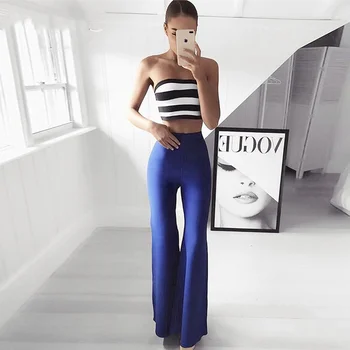 

2019New Summer Women Pants Strapless Two Pieces Bandage Pants Sexy Bodycon Celebrity Party Blue Wide Leg Pant Vestidos wholesale