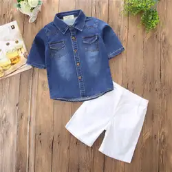 Новорожденный малыш для маленьких мальчиков джинсовая футболка футболки Брюки для девочек боди короткий рукав модные Костюмы комплект