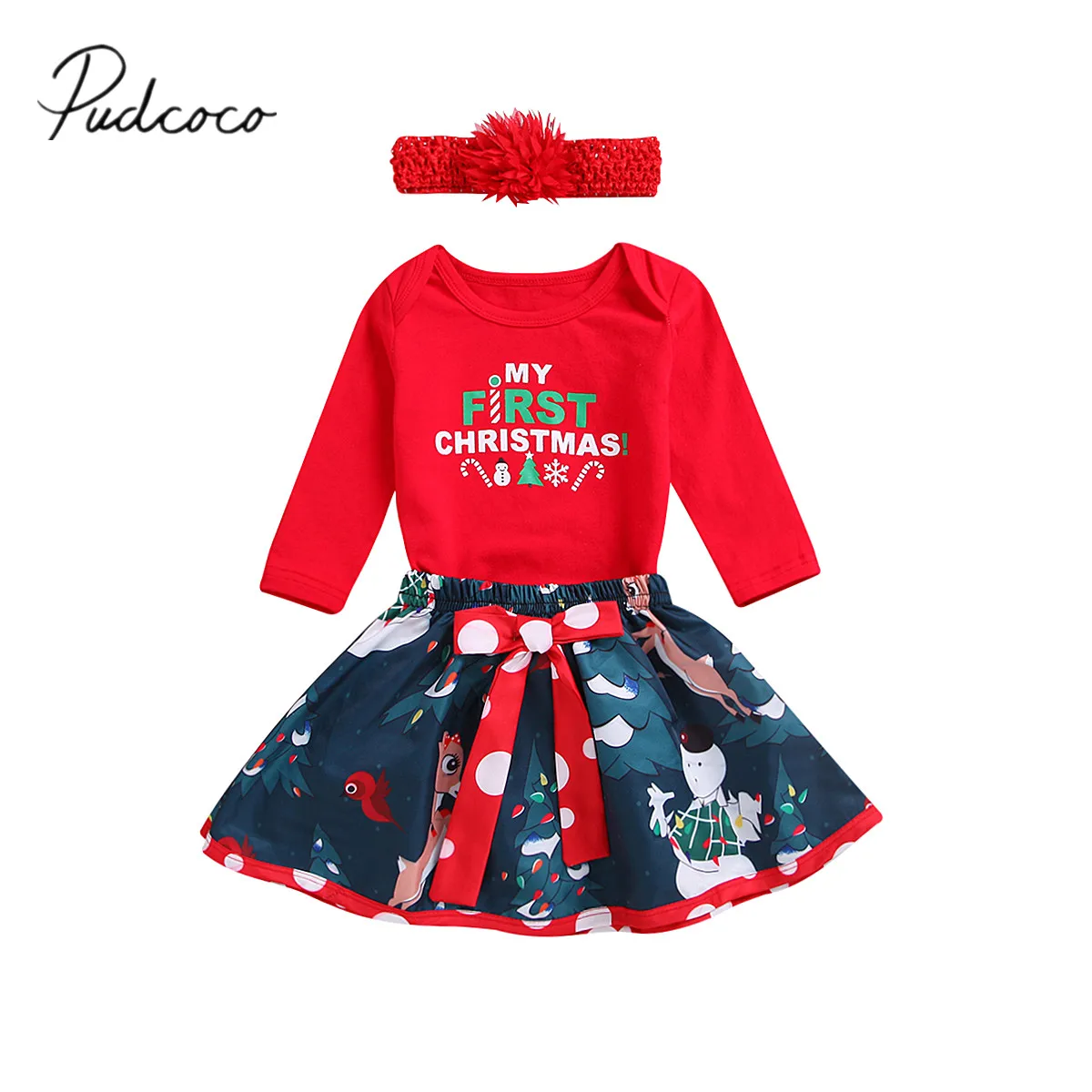 

2018 Brand New Infant Baby Girls Xmas Clothes 3PCS Party Sets Santa Long Sleeve Romper Tops+Animals Skirts+Headband Outfit 0-24M