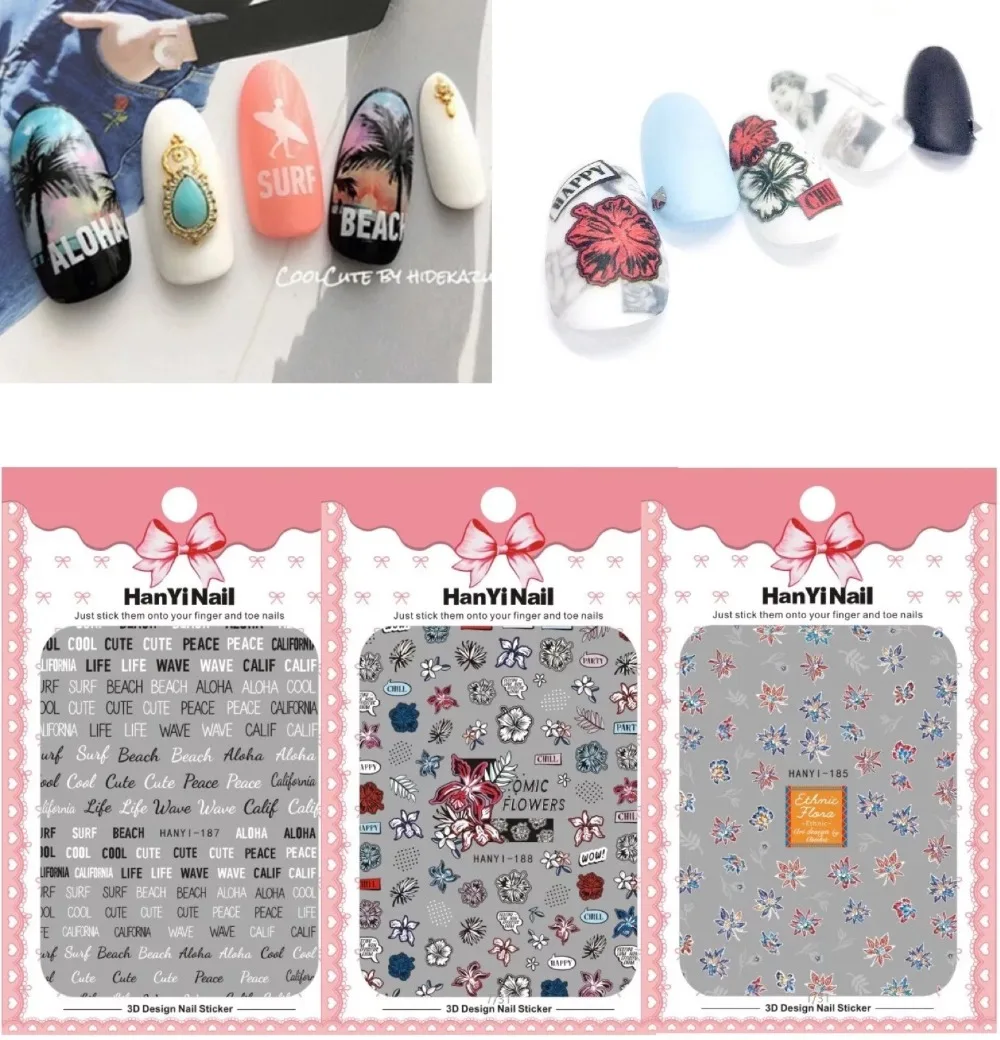 

Newest HANYI-185-186-187-188 flower 3d nail art sticker nail decal stamping export japan designs rhinestones decorations