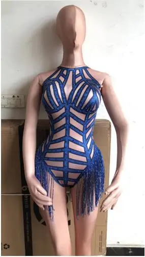 Sparkly Rhinestones Silver Tassel Bodysuit Sleeveless Big Stretch Women's Party Prom Bar Outfit Stage Female Singer Show 