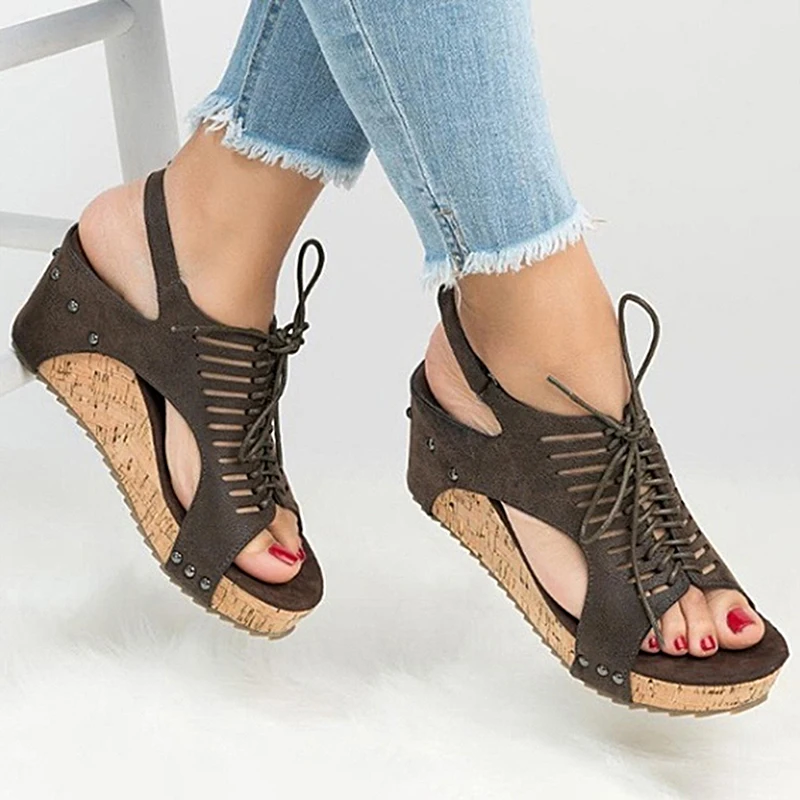 

Lace Up Women Sandals Platform Sandals Wedges Shoes For Women Heels Sandalias Mujer Summer Shoes PU Leather Wedge Heel Sandals