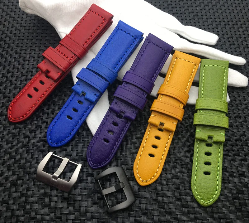 

Vintage Italian cow leather watch band 24mm yellow blue green red purple bracelet watchband For PAM441/Panerai belt PAMt tools