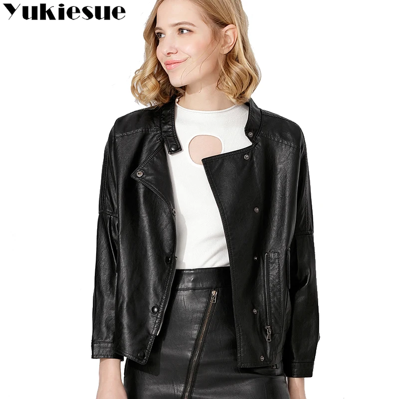 

2018 spring autumn new version of the wild loose thin PU leather female short section long sleeve motorcycle jacket women