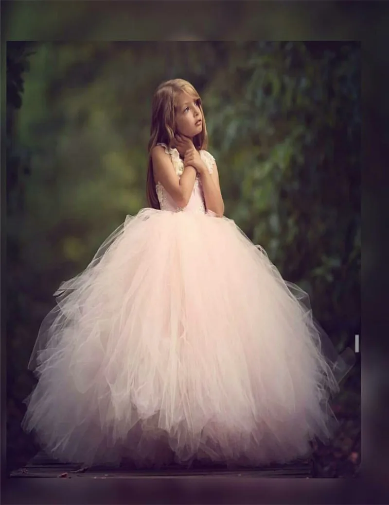 Vente chaude Scoop Étage Longueur Tulle Rose Petites Filles Balle robe