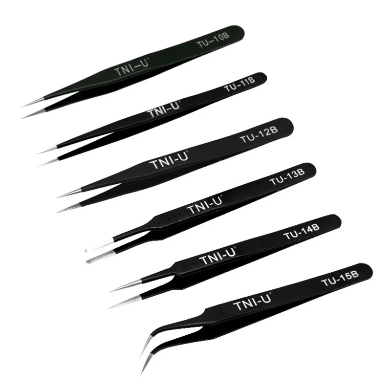 

1pcs ESD Anti-Static Hand Tools Black Anti-static Tweezers Hardened High Precision Stainless Steel Straight Tip Elbow Tweezers