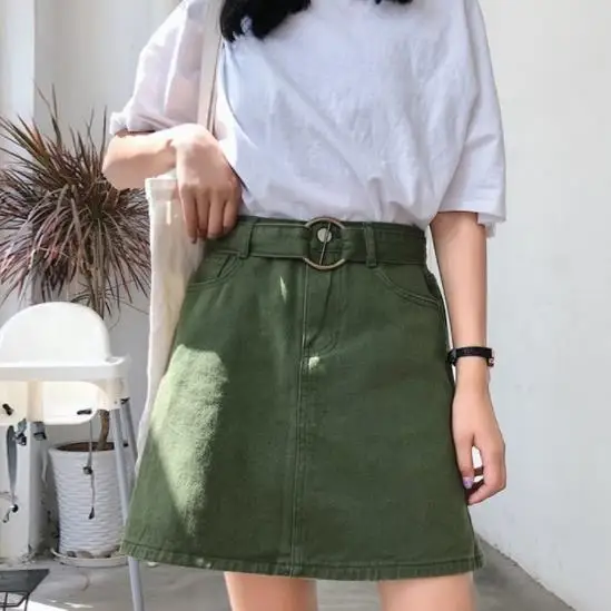 

Candy Color Summer Women Jeans Skirt A-Line Belt Harajuku Denim Jupe Mujer College Wind High Waist Black Red Khaki Skirts DE973