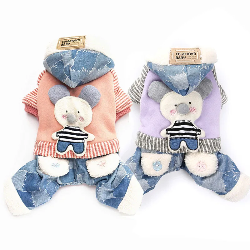 

New Dog Cat Denim Fleece Coat Jacket Little Bear Design Pet Puppy Jumpsuit Pants Winter Warm Clothes
