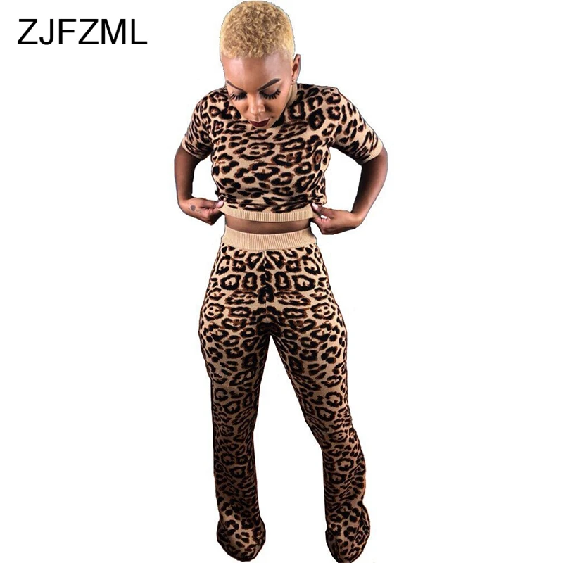 

Leopard Printed Sexy Two Piece Set Women Short Sleeve Bandage Crop Top+Fitness Pants Casual Outfits Vintage 2 Pcs Matching Suit