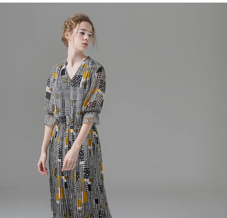 Toyouth винтажное женское платье с геометрическим принтом Лето v-образный вырез три четверти рукав длинные шифоновые платья плиссе для женщин