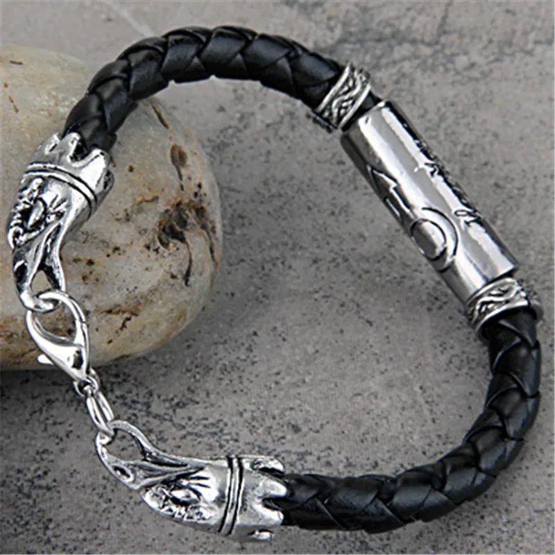 

2PCS/Lot Fashion Tibet Silver Braided Black Leather Men Bracelet, Wristband Cuff 0.43"