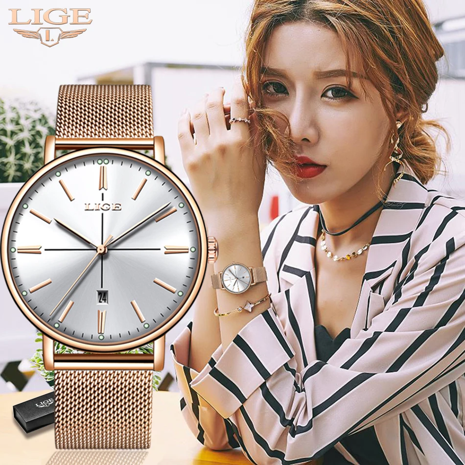 

Genuine LIGE Creative Watch Women Stainless Steel Waterproof Watch Super Slim Mesh Belt Clock Ladies Gift Watch Relogio Feminino