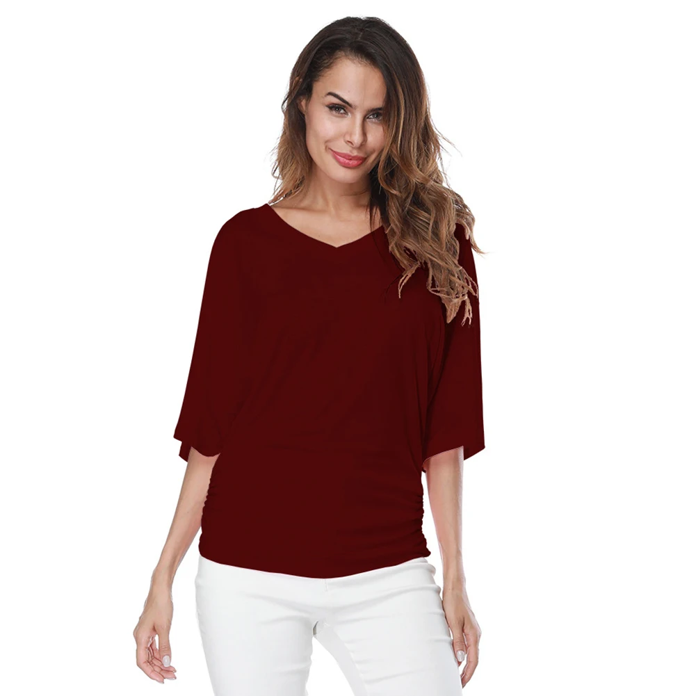 New Women Loose T shirt Ruched V Neck Batwing Short Sleeves Solid