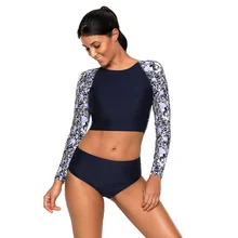 PLUSLAND танкини женский темно-синий трико для серфинга защита от плавания рукав реглан купальник из двух частей отделяет купальники