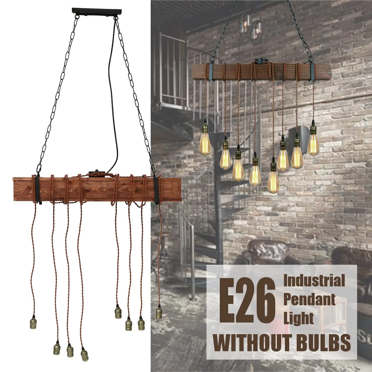 

80cm Wood Industrial Pendant Light Vintage Hanging Lamp Coffee Shop Restaurant Bar Decoration Home Room Indoor Lighting E26