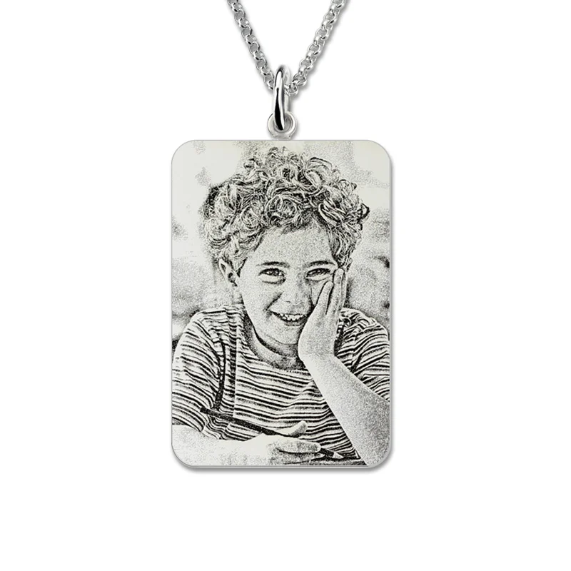 AILIN Rectangle Engraved Photo Necklace Sterling Silver Custom Picture Necklace Photo Keepsake
