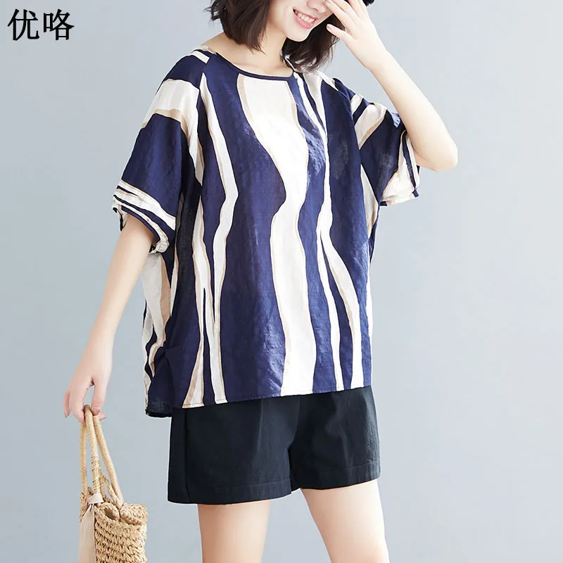 

2019 Summer New Cotton Linen Women Tshirt Plus Size Striped Batwing T Shirt Loose Casual O Neck Short Sleeve Top Tee 4XL 5XL 6XL