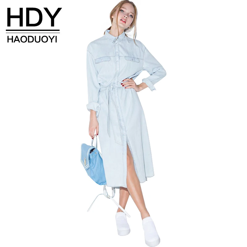 Billig HDY Haoduoyi Frauen Retro Kleid Denim Front Gürtel Casual Vintage Blau Feste Midi Hemd Robe Femme Vestido Heißer Verkauf