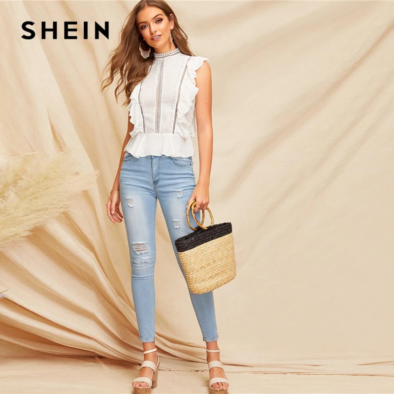 SHEIN Boho Белый Кружевной топ с баской и рюшами на пуговицах сзади, однотонная кружевная блузка с коротким рукавом, женская блузка с воротником-стойкой, летняя рабочая одежда, блузки