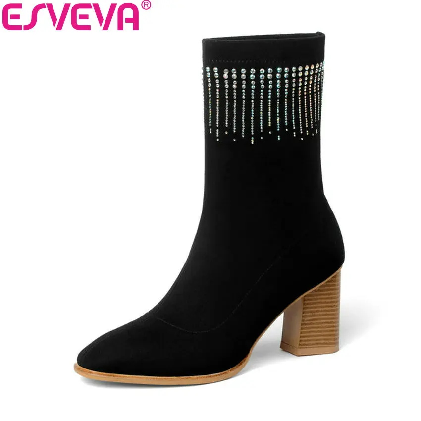 

ESVEVA 2019 Women Boots Stretch Fabric Kid Suede Flock Square High Heels Mid-calf Boots Spring Autumn Shoes Round Toe Size 34-39
