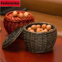 Пасторальные плетеные корзины для яиц из ротанга с крышкой из натурального плетеного ротанга, корзина для яиц, поднос для хранения на кухне ручной работы