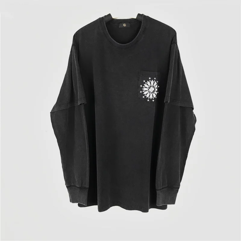 

Double Sleeved Paisley Pocket T-shirt New Arrivals Distressed Black Inside-out Tee Streetwear