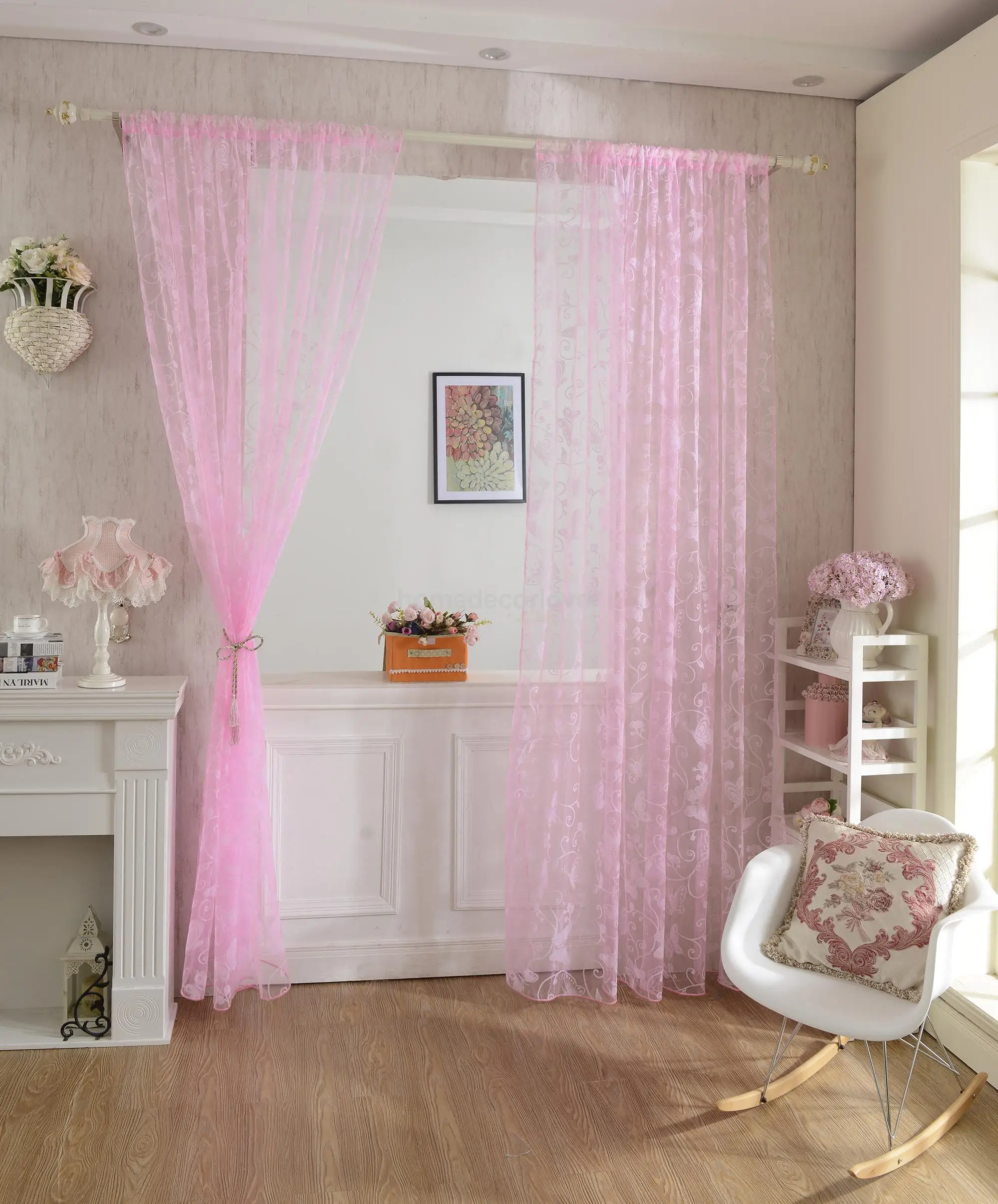 

2Pcs Flocking Butterfly Tulle Voile Door Window Curtain Drape Panel Sheer Scarf Valances Pink 200 x 100cm