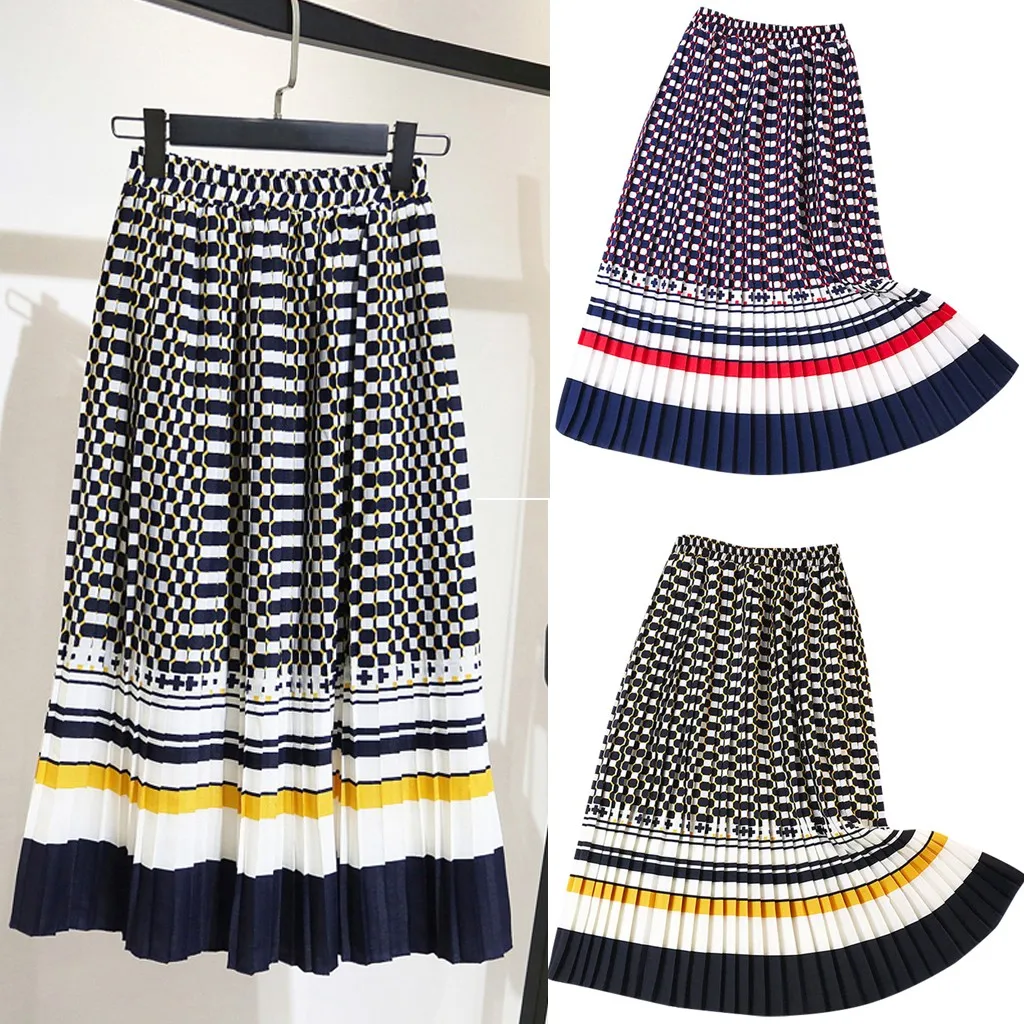 

Fashion summer elegant Elastic Waist women long skirt Printed Pleated Stripes A-Line Contrast Color Casual Ladies Skirt