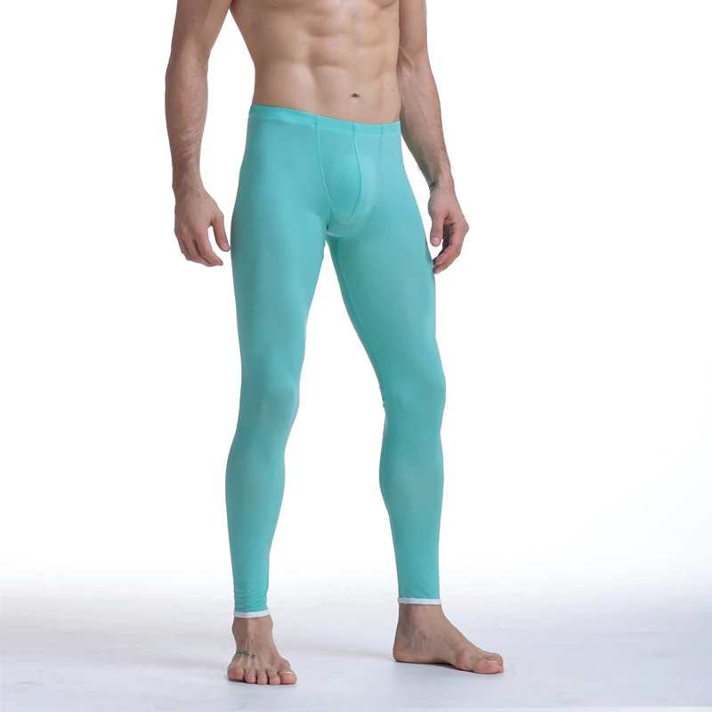 Мужское сексуальное Ультра тонкое стрейчевое нижнее белье с прозрачным мешочком, шелковые кальсоны, Мужские штаны для дома и отдыха, пижамы, штаны для сна - Цвет: sky blue