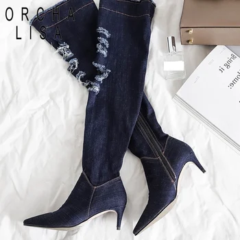 

ORCHA LISA 2019 western thin heel jeans demin knee boots Women ladies spring broken hole pointed toe 6cm stiletto heels booties