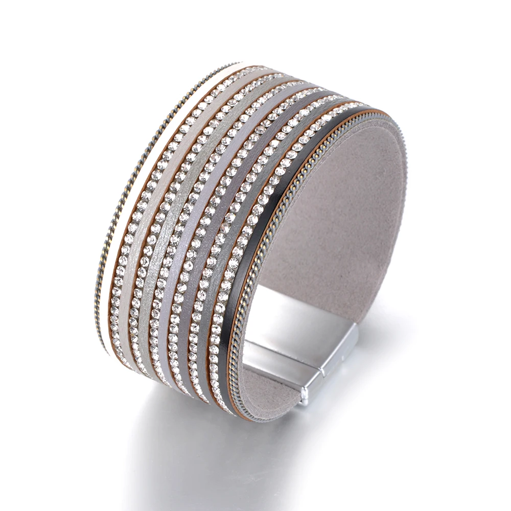 

Hot Sale Wholesale Fashion Leather Bracelet Multilayer Bracelets Rhinestone Magnet Buckle For Women Gift WRBR013