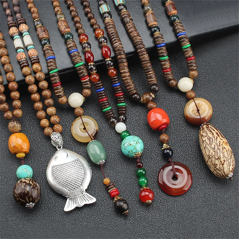 ##BUY New Handmade Nepal Necklace Buddhist Mala Wood Beads Pendant amp; Necklace Ethnic Horn Fish Long Statement Jewelry Women Men