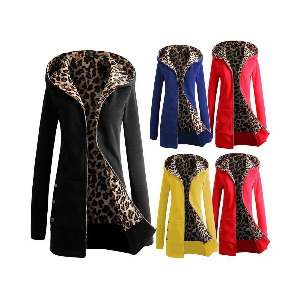 

Newly Women Winter Overcoat Leopard Zipper Hooded Long Sleeves Fleece Lined Slim Fit VK-ING