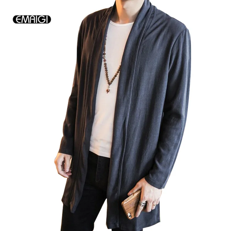 Size 5XL Men Cotton Linen Trench Jacket Male Solid Color Lapel Long Cardigan Trench Coat Thin